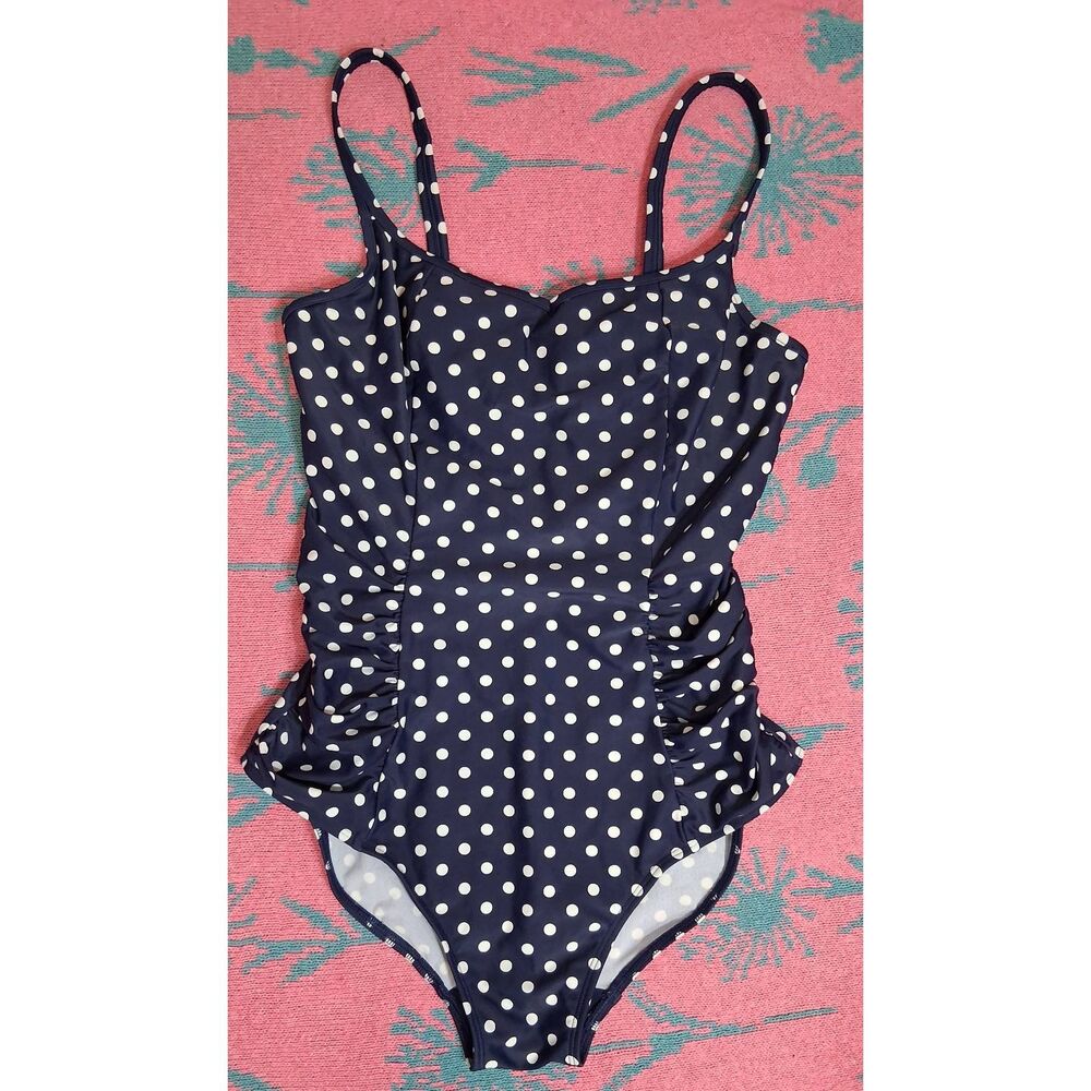 Panache womens size 10 large swimsuit blue white polka dot ruched one piece
